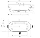 Kád, Ravak Freedom Wall Tec 170x87, Smoke Grey/fehér, fehér lefolyó CE31500000