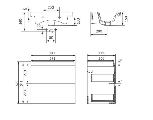 Alsó szekrény, Cersanit Moduo Slim 60, antracit S590-088