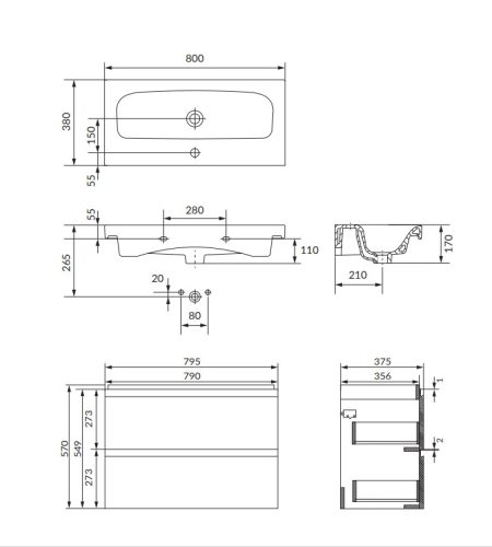 Alsó szekrény, Cersanit Moduo Slim 80, antracit, alsó szekrény mosdóval S801-476