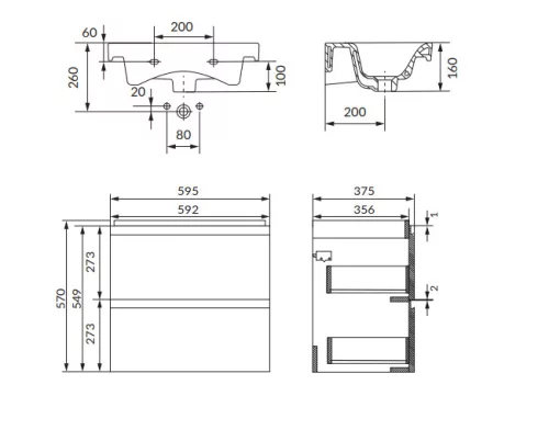 Alsó szekrény, Cersanit Moduo Slim 60, antracit, alsó szekrény mosdóval S801-477