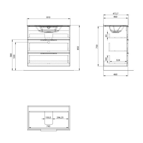 Alsó szekrény, Sapho Cirasa Mosdótartó szekrény, 3 fiókkal, 79,8x75x46cm, fényes fehér CR831-3030