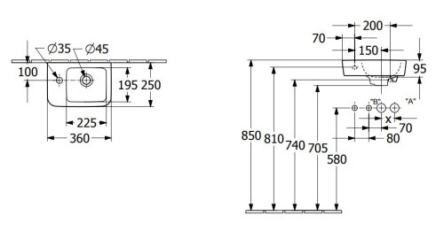 Mosdó, Villeroy&Boch O.novo 36x25 cm fali kézmosó, bal oldali csaplyukkal 43423601