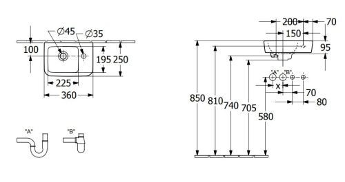 Mosdó, Villeroy&Boch O.novo 36x25 cm fali kézmosó, jobb oldali csaplyukkal 43433601