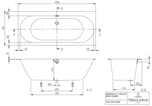 Kád, Villeroy&Boch Oberon 2.0 kád 170x75 cm UBQ170OBR2DV-01