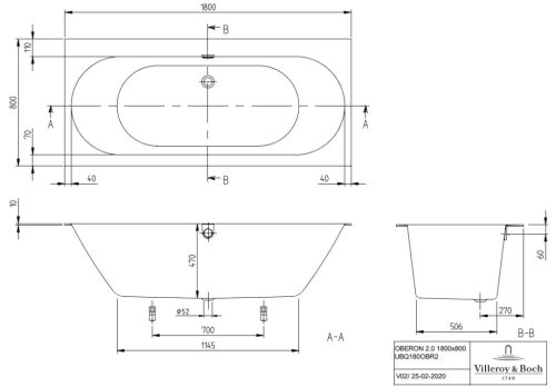 Kád, Villeroy&Boch Oberon 2.0 kád 180x80 cm UBQ180OBR2DV-01