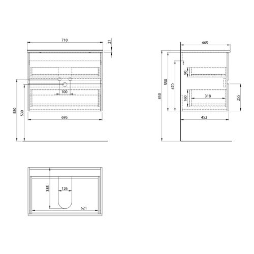 Alsó szekrény, Aqualine Paneda Strip mosdótartó szekrény, 69,5x55x45,2cm, emporio tölgy PN370
