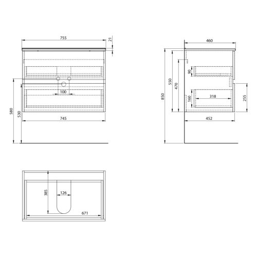 Alsó szekrény, Aqualine Paneda Strip mosdótartó szekrény, 74,5x55x45,2cm, emporio tölgy PN375