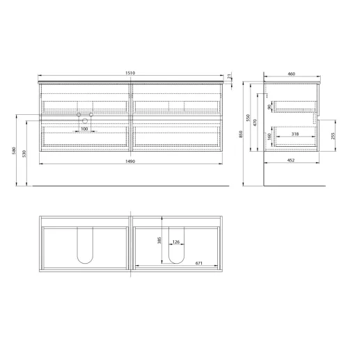 Alsó szekrény, Aqualine Paneda mosdótartó szekrény, 149x55x45,2 cm PN215