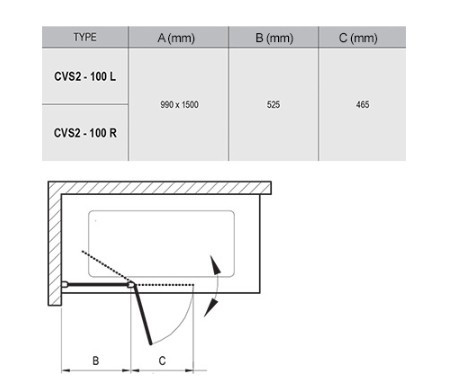 Kádparaván, Ravak CVS2-100 jobb kádparaván fekete+transparent 7QRA0300Z1
