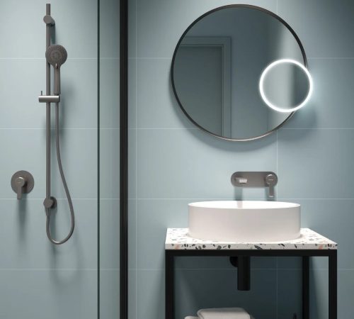 Falba süllyesztett csaptelep, Deante Arnika falsík alatti zuhanyszett, titanium NAC_D9TP