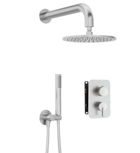 Falba süllyesztett csaptelep, Deante Silia zuhanyszett, keverő BOX-al, szálcsiszolt acél BXYYFQSM