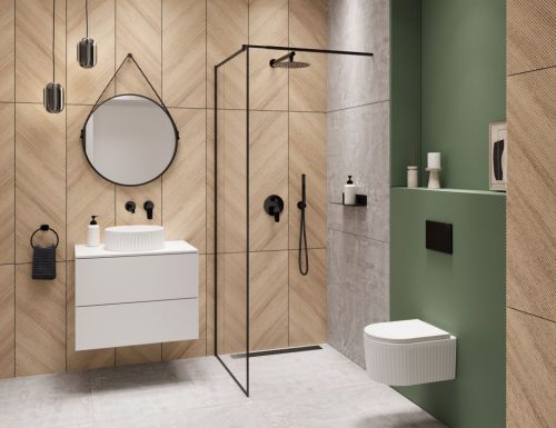 Falba süllyesztett csaptelep, Invena Alonia zuhanyszett, fényes fekete BS-70-004-V