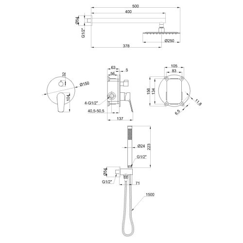 Falba süllyesztett csaptelep, Invena Alonia zuhanyszett, szálcsiszolt arany BS-70-009-V