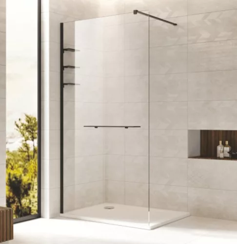 Walk-in, Wellis Rubik 90 zuhanyfal polcrendszerrel és törölközőtartóval, matt fekete WC00559