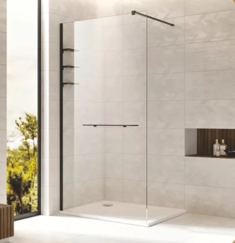 Walk-in, Wellis Rubik 120 zuhanyfal polcrendszerrel és törölközőtartóval, matt fekete WC00560