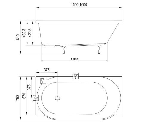 Kád, Ravak ARC 160x75 kád, balos CE81000000