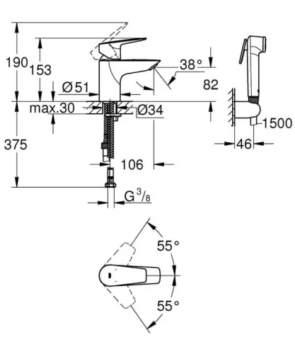 Mosdó csaptelep, Grohe BauEdge mosdó csaptelep bidézuhannyal, króm 23757001