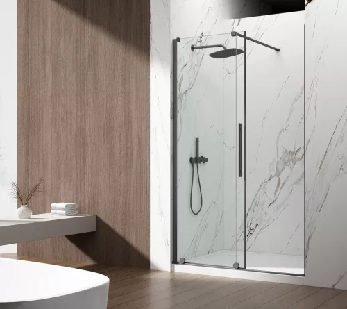 Zuhanyajtó, Sapho Gelco Spirit Black tolóajtó, 130 cm, fekete, átlátszó üveggel GI1013B