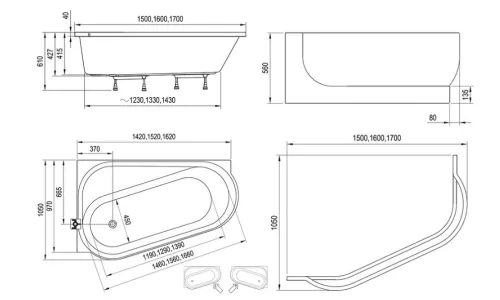 Kád, Ravak ARC 150x105 fehér, balos CF31000000